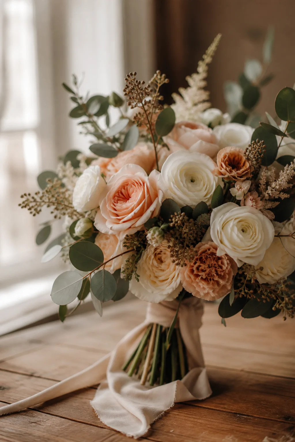 Close-up of a bridal bouquet with white and blush roses