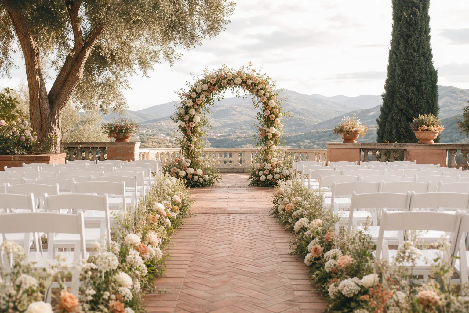 Wedding ceremony aisle with a floral arch