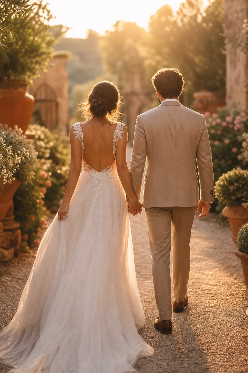 Bride and groom walking hand in hand at golden hour