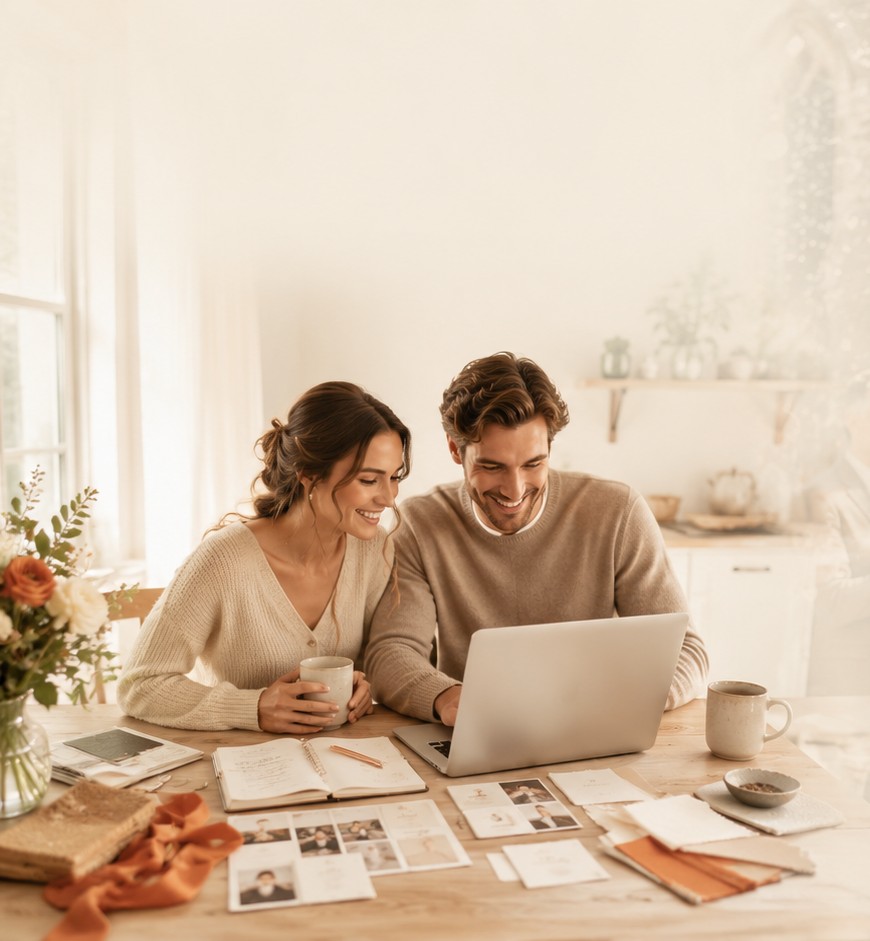 A couple sitting at their kitchen table, smiling as they plan their wedding together on a laptop.
